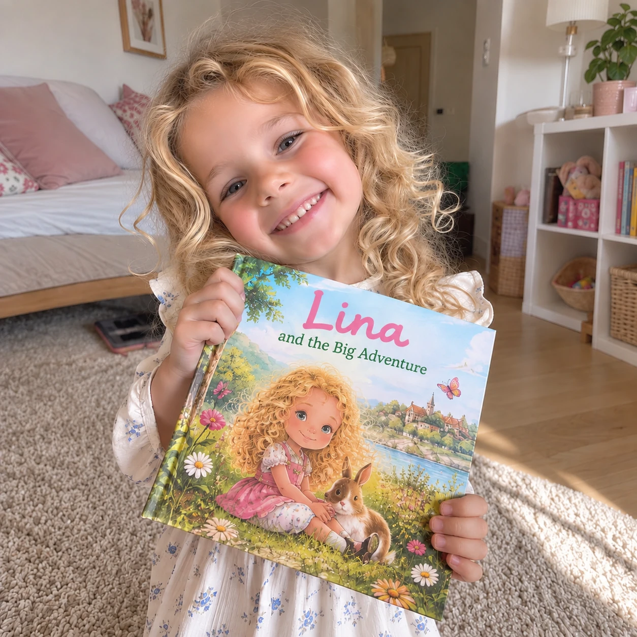Lina holding her personalized children's book: Lina and the Big Adventure