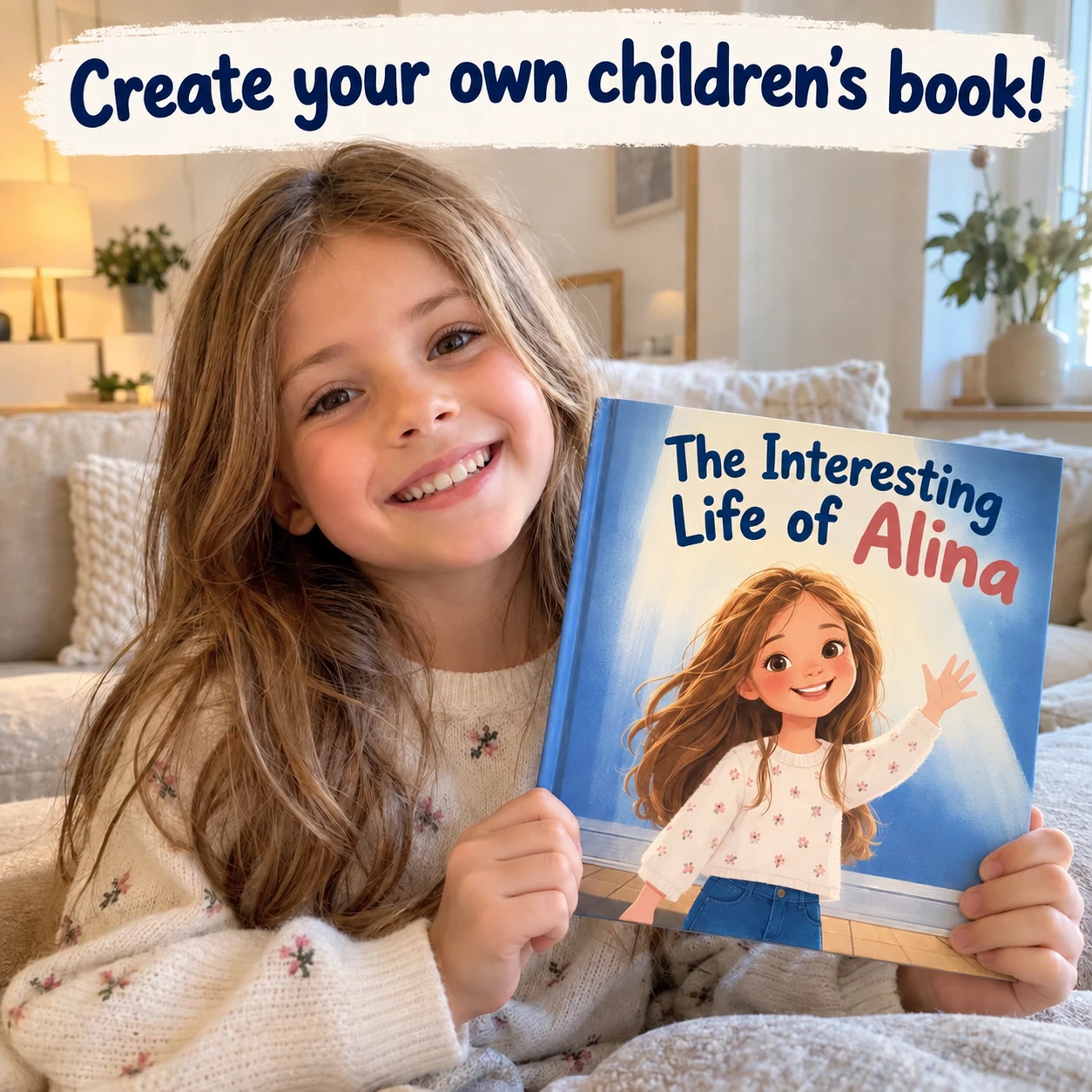 Alina holding her children's book: The Interesting Life of Alina