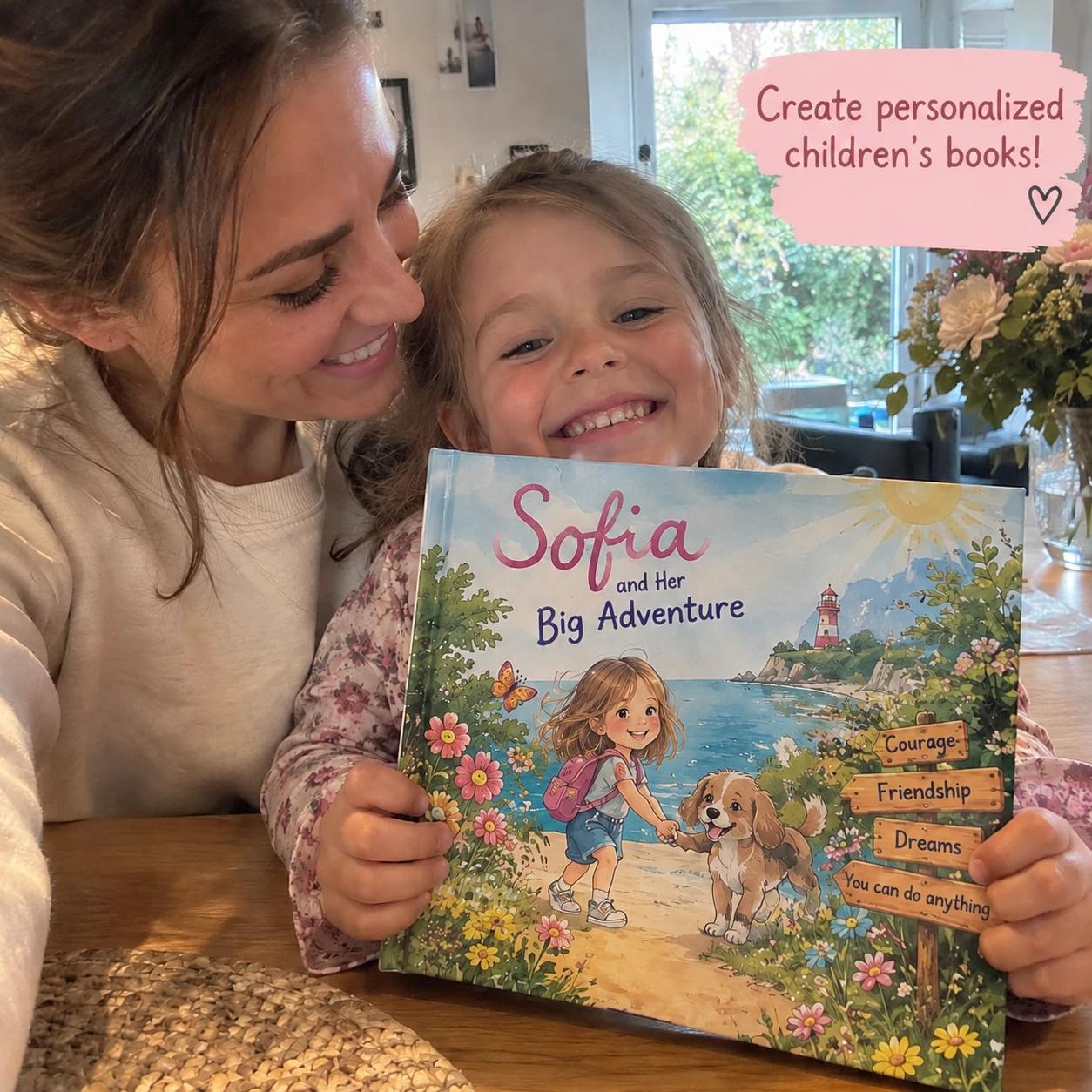 Sofia holding her personalized children's book: Sofia and Her Big Adventure