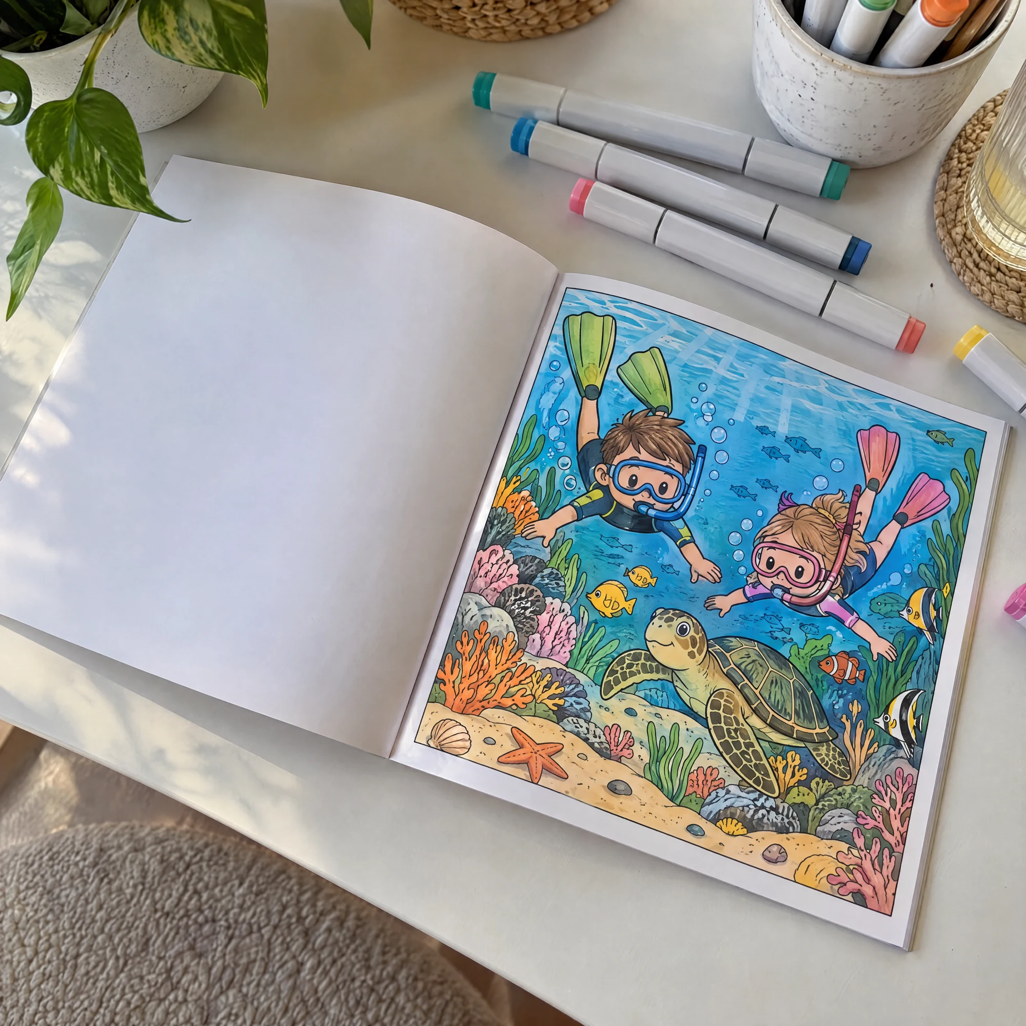 Open coloring book: siblings as divers with a sea turtle, colored in