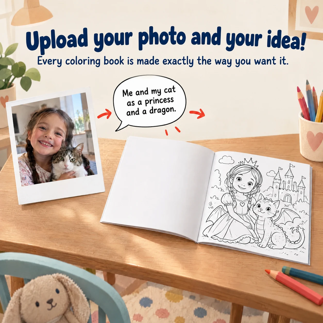 Upload your photo and your idea: a girl and her cat become a princess and a dragon in the coloring book