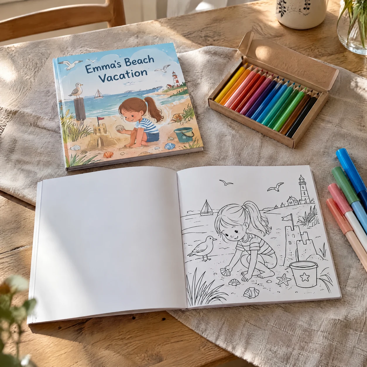 Personalized coloring book Emma's Beach Vacation with colored pencils