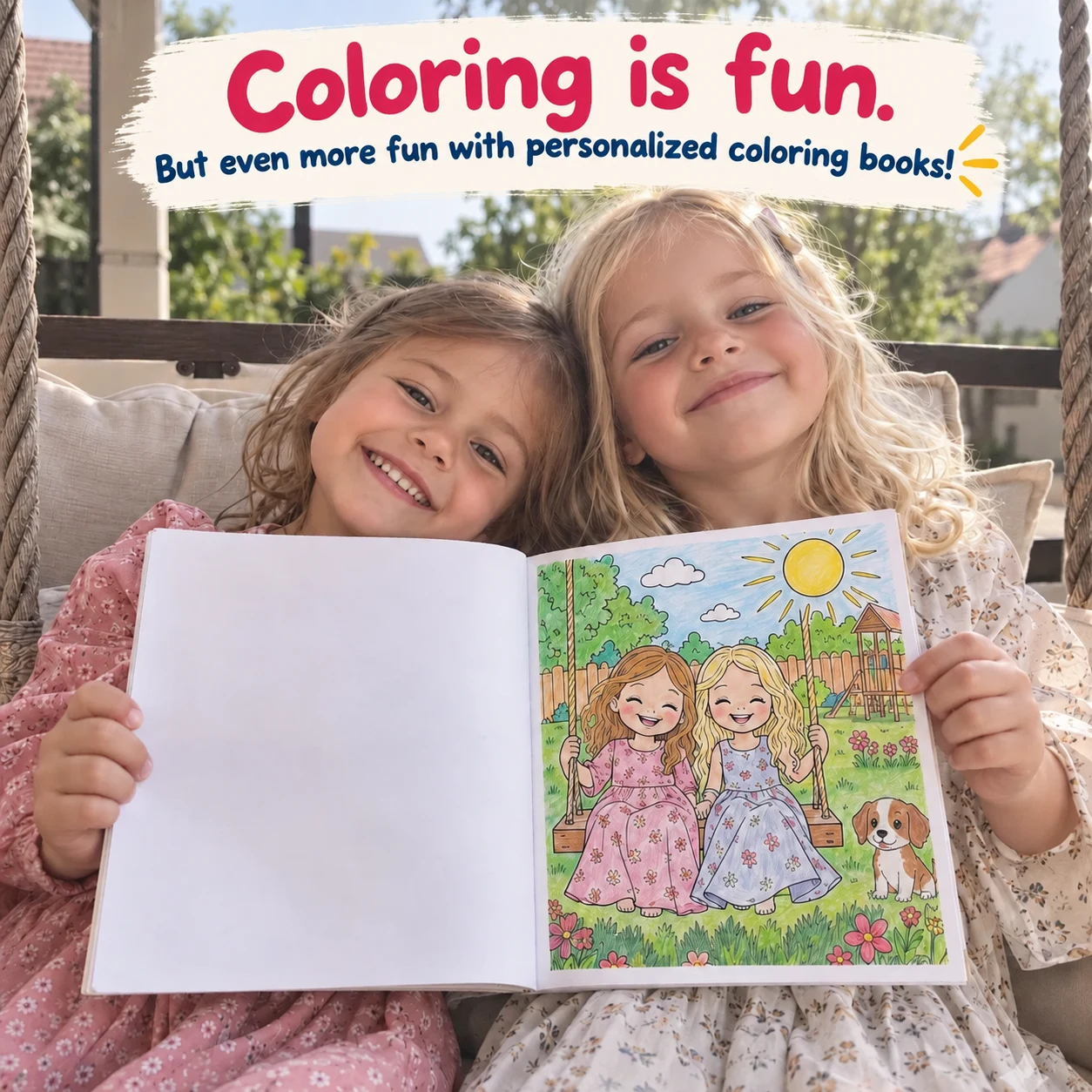 Two friends on a garden swing show their colored-in coloring book: Coloring is fun. But even more fun with personalized coloring books!