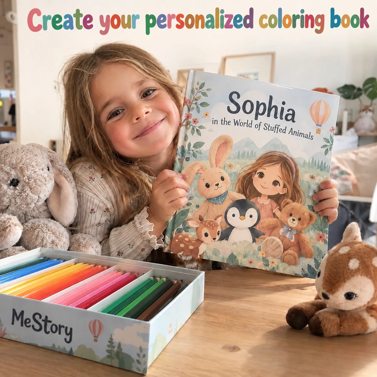 Sophia holding her personalized coloring book: Sophia in the World of Stuffed Animals
