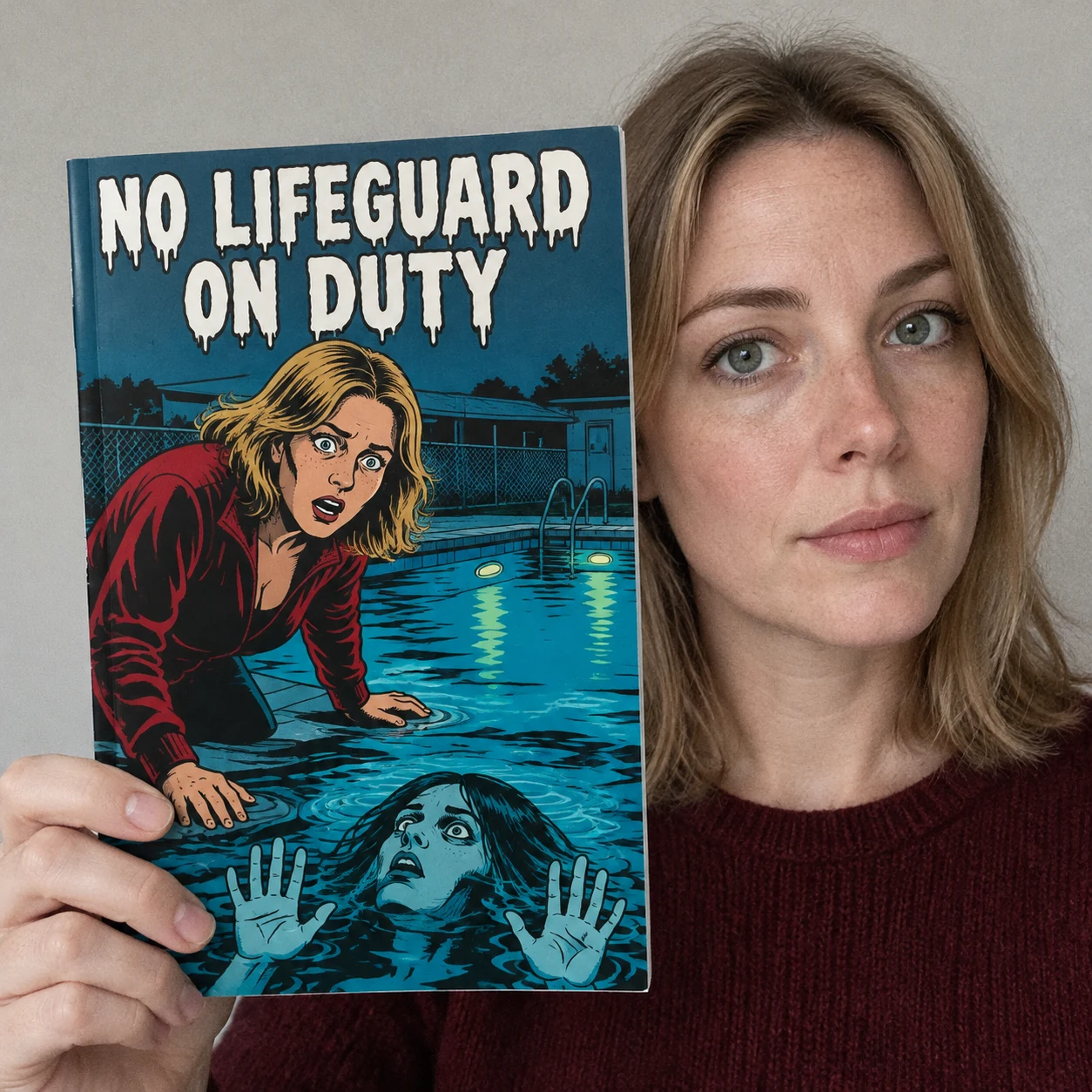 Customer holding her horror comic No Lifeguard on Duty