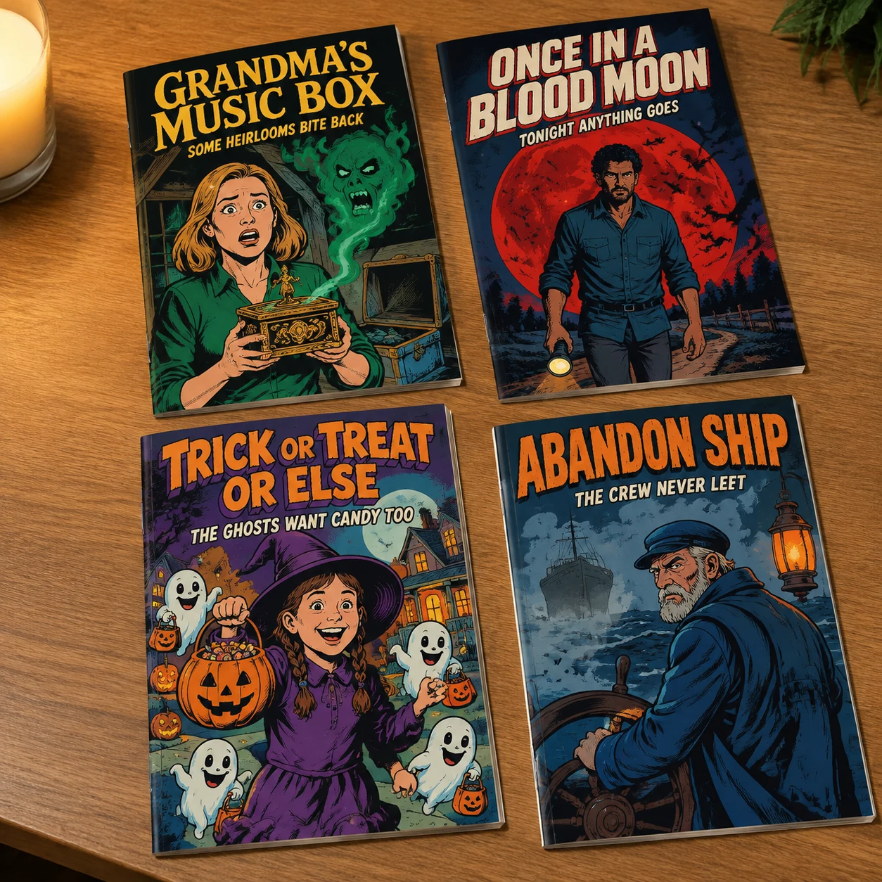 Four horror comics: Grandma's Music Box, Once in a Blood Moon, Trick or Treat or Else and Abandon Ship