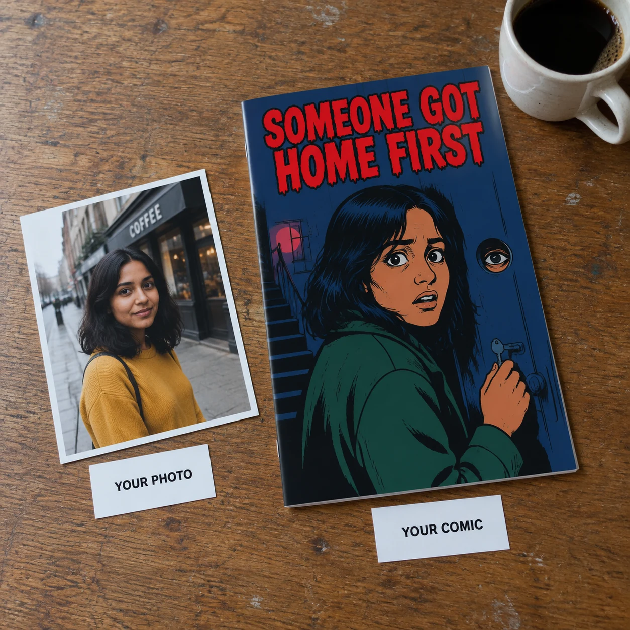 A photo becomes the comic Someone Got Home First