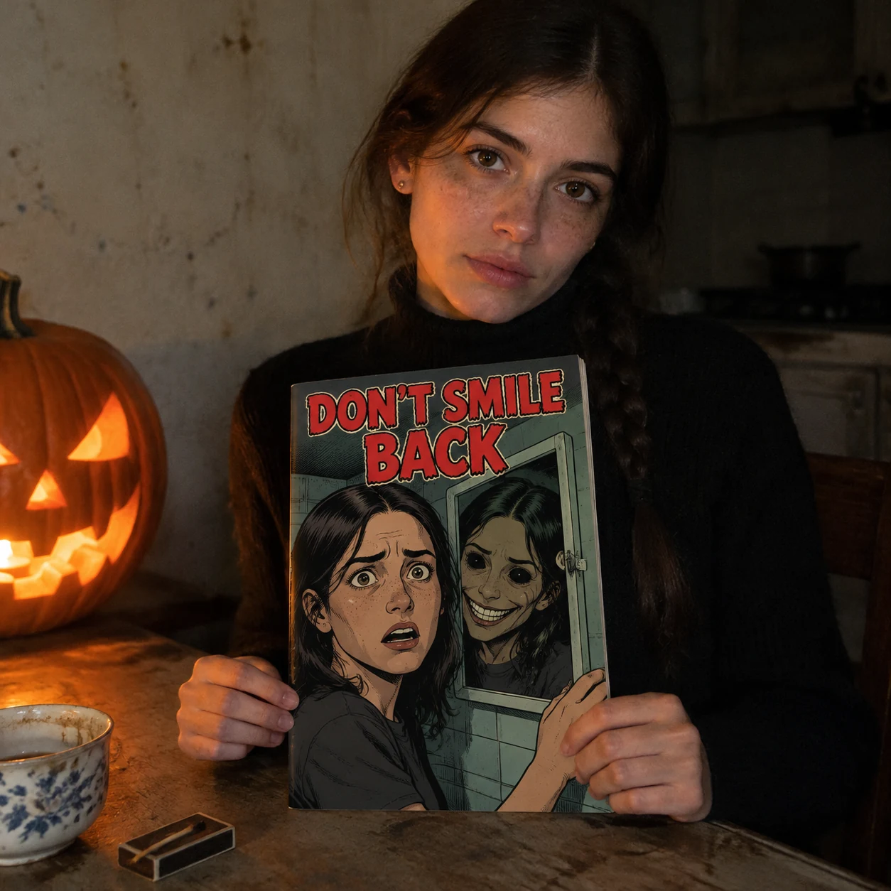 Woman holding her horror comic Don't Smile Back