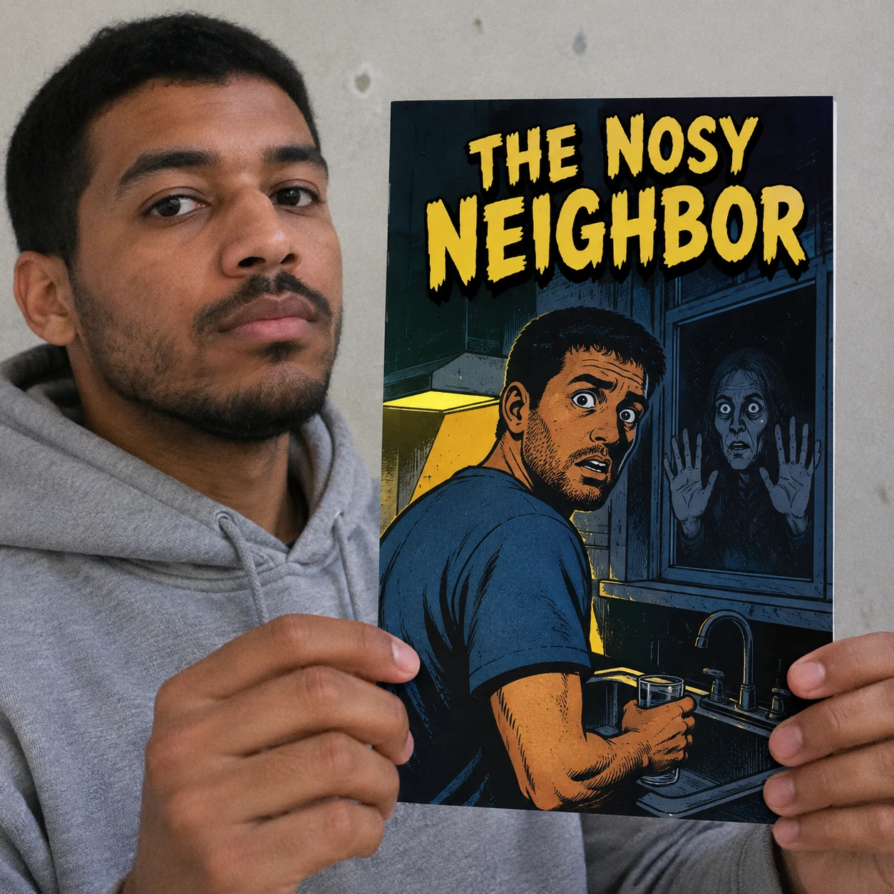Customer holding his horror comic The Nosy Neighbor