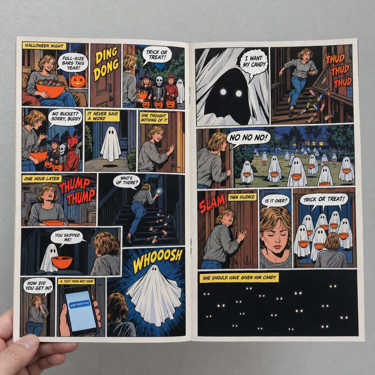 Open horror comic with nineteen drawn panels