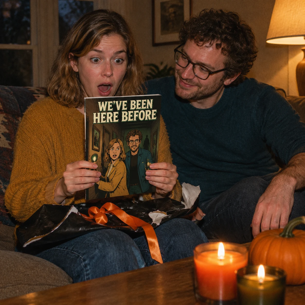 Couple unwrapping their horror comic We've Been Here Before